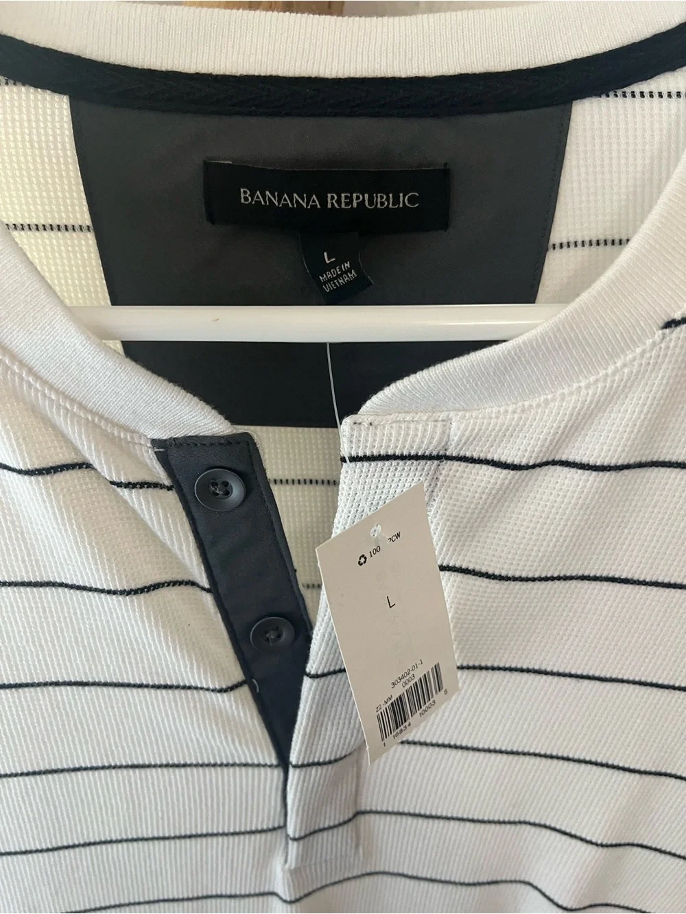 Banana Republic White Long-Sleeve Henley with Navy Stripes
